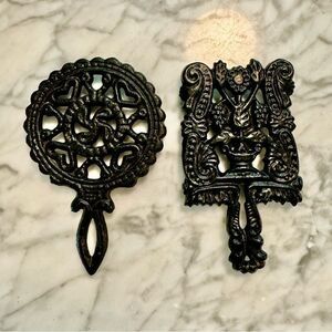 Pair of Vintage Cast Iron Mini Trivets Grapevine and Tulip